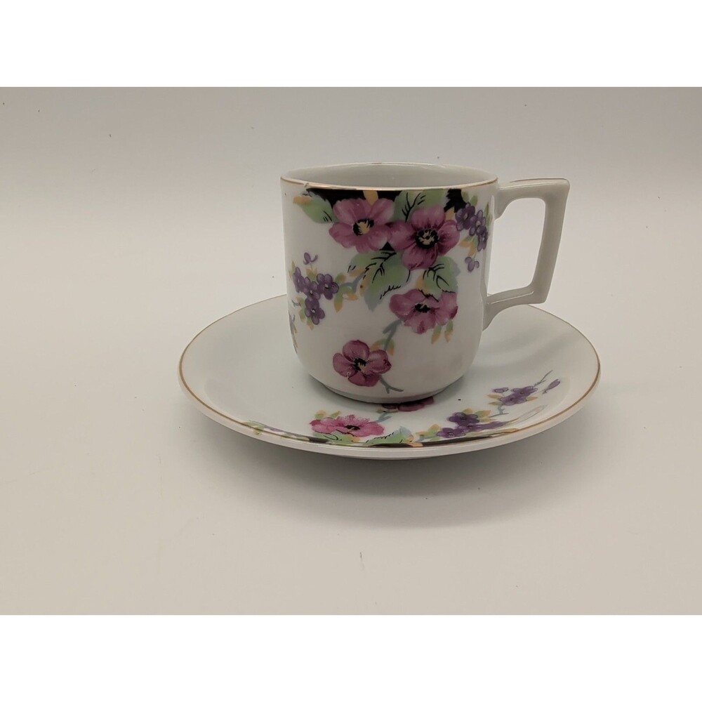 Vtg Occupied Japan Demitasse Teacup Saucer Espresso Pink Purple Floral